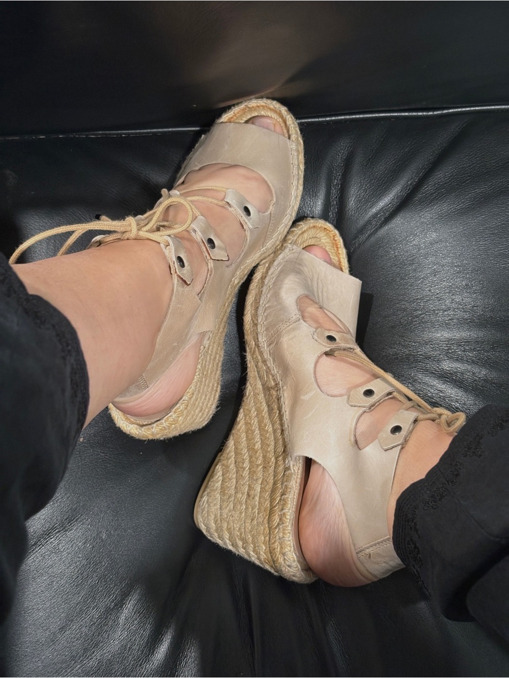 Wedge Espadrille Sandals in Beige - Women's Lace-Up Open-Toe